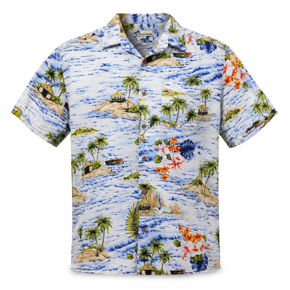 Oliver & Burke Hawaiian Shirt Mens L Blue Tropical Island Palm Tree Cotton Rayon